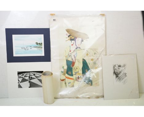Collection of painting and prints to include a limited edition Japanese screen print entitled 'Matsuri', three water colour o