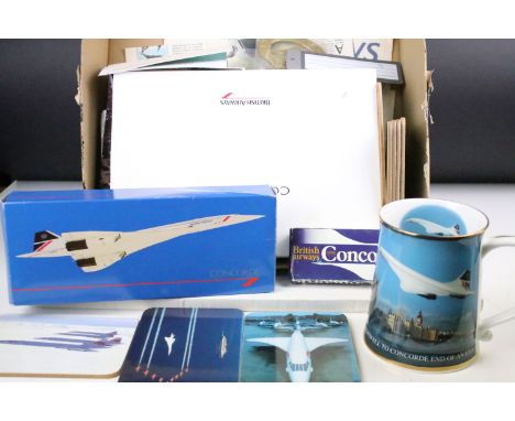 A group of British Airways and Concorde collectables to include books, ephemera, limited edition ceramic tankard, horse brass