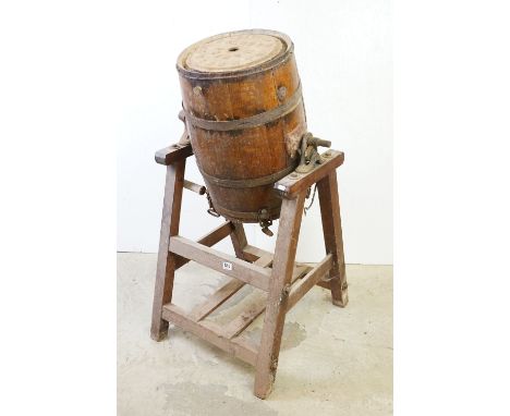Early 20th century ' Bamber &amp; Co of Preston ' Metal Bound Coopered Oak Butter Churn held on a stand, 124cm high x 64cm wi