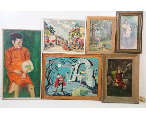 Group of six 20th Century paintings to include two featuring girls, one female portrait and three modern scene paintings. All