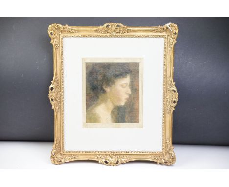 Early 20th century English School Pierced Gilt Framed Oil Painting Portrait of a Girl in profile, 16cm x 14cm 