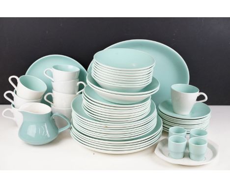 Poole Pottery pale blue twin-tone tea &amp; dinner ware, to include 8 teacups, 10 saucers, serving dish, dinner plates, side 