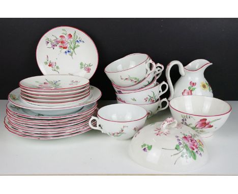 French Luneville part tea service having floral printed details and pink rims. Printed black marks to the bases. 1 box. 