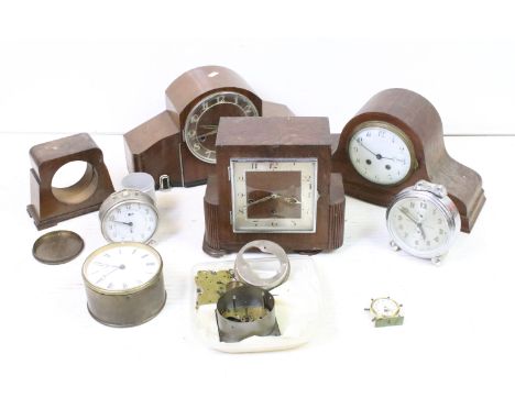 Collection of clocks &amp; clock parts to include an Art Deco mahogany mantle clock, Bayard Stentor repetition alarm clock, S