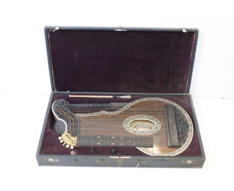 L. Jacob of Stuttgart - An antique harp with carved wooden scrolling &amp; inlaid abalone shell decoration, makers label to i