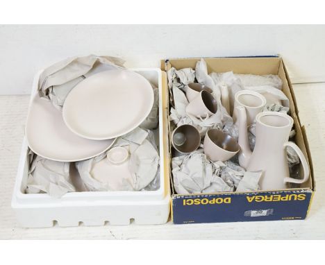 Poole pottery twin tone sepia mushroom tea and dinner service. Two boxes.