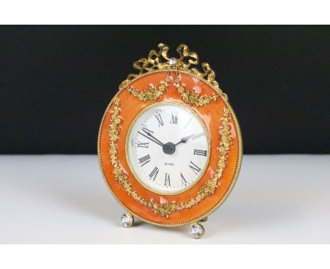 Ornate Gilt Metal and Orange Enamelled Table Clock, 12cm high 