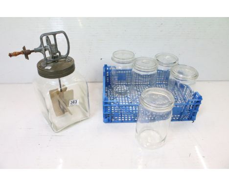 Mid century Glass Butter Churn and Preserve Jars. Butter churn approx 36cm tall 