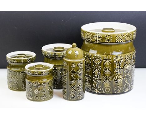 Set of four Portmeirion 'Totem' green glazed ceramic storage jars and sugar shaker (approx 17cm tall) 