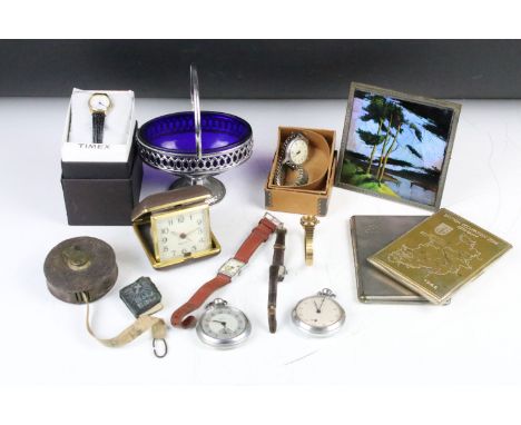 A small group of mixed collectables to include wristwatches, pocket watches, travel clock, cigarette cases.....etc.. 