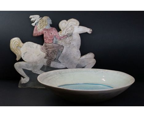 Pottery sculpture of an ancient mythical style figure, with dove in hand, riding a horse, signed Sarah Noel? (approx 35.5cm h
