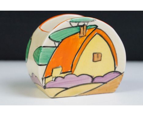 Art Deco Clarice Cliff for Newport Pottery sugar bowl in the orange roof cottage pattern. Printed mark to the base. Measures 