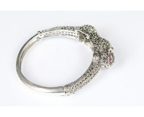 Silver and Marcasite Panther Bangle with Ruby Eyes 