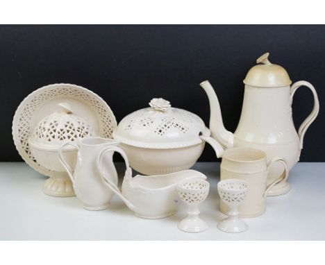 Group of Leeds creamware to include a pierced sauce tureen, the cover with a flower finial with stand and ladle (stand 18 cm 