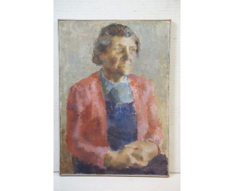 Attributed to Penelope Ellis, oil on board painting depicting a seated female portrait. Unsigned. Measures 62 x 44.5cm. 