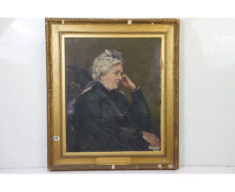 Frederic Yates (British, 1854-1919) - Oil on canvas portrait of a seated lady set within a moulded gilt frame. Signed to lowe