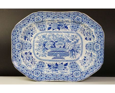 19th Century Nankeen Semi China blue &amp; white large ceramic serving dish with floral decoration, well to one end. Measures