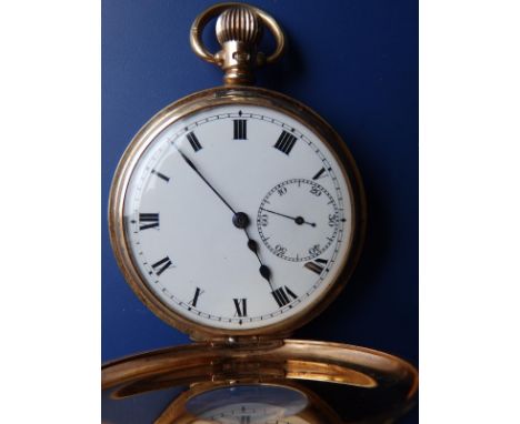 A 9ct gold Dennison cased half hunter pocket watch with white enamel dial, subsidiary seconds - SS &amp; Co., case diameter 5
