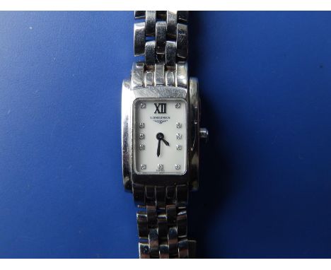 A ladies stainless steel Longines Dolce Vita bracelet wrist watch with rectangular mother-of-pearl dial, case width 16mm.