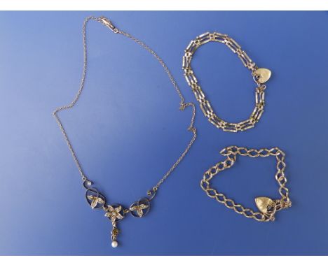 A pearl set '10k' necklace and two  9ct gold bracelets. (3)