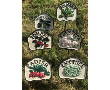 A set of five painted metal salad / vegetable markers inscribed Runner Beans, Spinach, Radish, Lettuce, Tomato, each approx 1