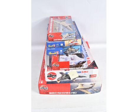 SIX BOXED  MILITARY AIRCRAFT 1:72 SCALE UNBUILT MODEL KITS, to include two Revell kits, a Sea King Mk.41 &amp; missiles, with
