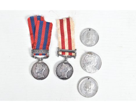 AN INDIA MUTINY MEDAL AND AN INDIA GENERAL SERVICE MEDAL WITH PEGU CLASP, the Mutiny medal is named to Gunner Joseph Glover a