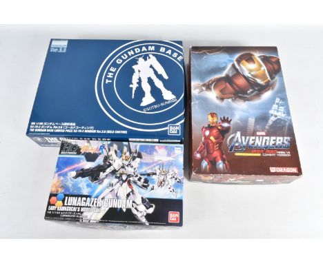 THREE BOXED UNBUILT MODEL SCALE ACTION FIGHTER FIGURE  KITS, to include a HG Ban Dai Lunagazer Gundam 'Lady Kawaguchi's Mobil