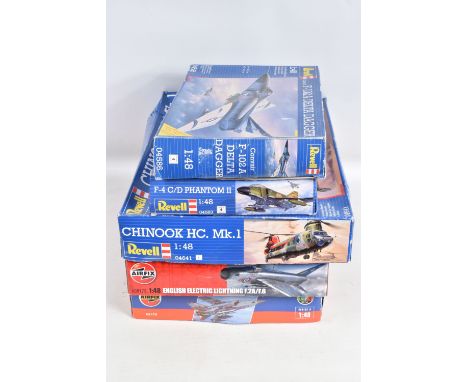 FIVE BOXED MILITARY AIRCRAFT 1:48 SCALE UNBUILT MODEL KITS, to include three Revell kits, a F-103A Delta Dagger, with instruc