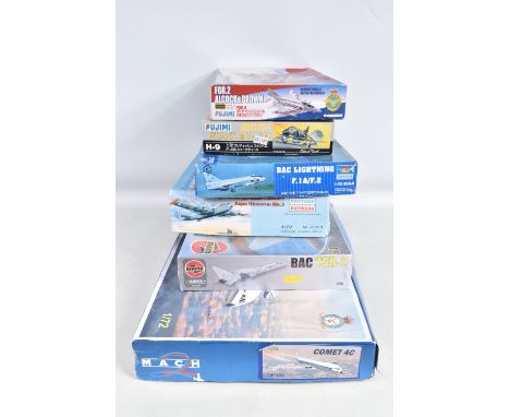 SIX BOXED  MILITARY AIRCRAFT 1:72 SCALE UNBUILT MODEL KITS, to include a Fujimi British Phantom F-4M Shark Teeth,  pieces att
