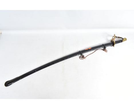 A NINETEENTH TO TWENTIETH CENTURY CAVALRY SWORD WITH SCABBARD, we cannot find any markings on the blade, this has a leather c