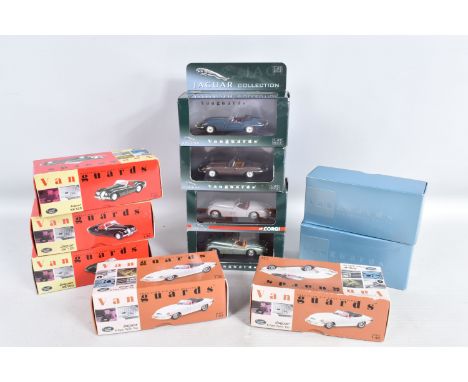 TEN BOXED 1:43 SCALE DIECAST VANGUARDS MODEL JAGUAR VEHICLES, to include two Cream  E-Type Open Top no. VA49000, a Black XK12