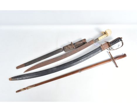 THREE VARIOUS SWORDS AND A BOYONET, this lot includes a Balkan Yataghan sword, this is usually from the 19th Century and feat