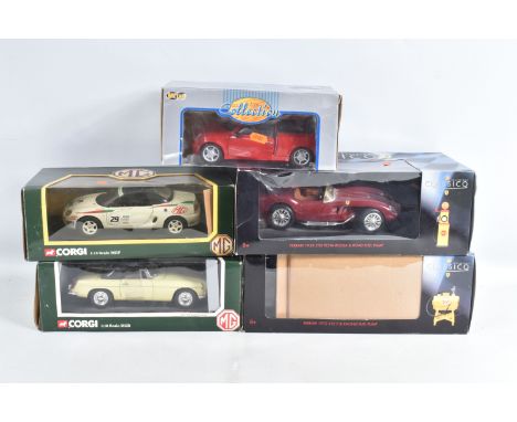 FIVE BOXED 1:18 SCALE DIECAST MODEL CARS, to include two Classico Collections a Ferrari 1972 312 P &amp; Racing Fuel Pump, it