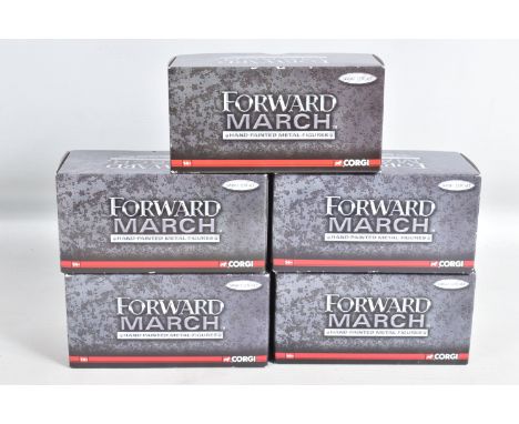 FIVE BOXED 1:32 SCALE  CORGI FORWARD MARCH HAND PAINTED METAL FIGURES, to include a Battle of El Alemein British Soldier with