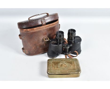 A WWII 1944 DATED PAIR OF BINOCULARS AND A WWI PRINCESS MARY TIN, the binoculars have got the military broad arrow mark and w