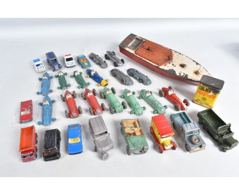 A QUANTITY OF UNBOXED AND ASSORTED PLAYWORN DINKY TOYS RACING CARS, to include Hotchkiss, No.23b, Cooper-Bristol, No.23g, Tal