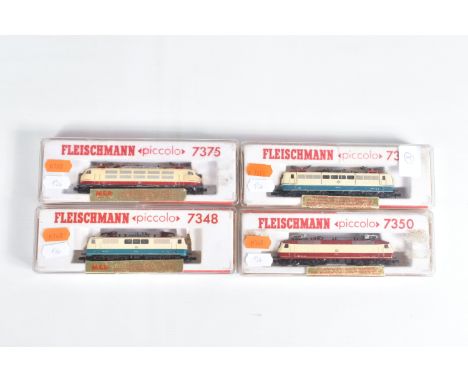 FOUR BOXED FLEISCHMANN PICCOLO N GAUGE D.B. ELECTRIC LOCOMOTIVES, class 111 No.111 205-1 (7348), class 151 No.151 111-2 (7381