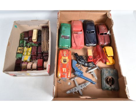 A QUANTITY OF UNBOXED AND ASSORTED PLAYWORN DIECAST, TINPLATE AND PLASTIC VEHICLES AND OTHER TOYS, to include Gescha Sixmobil