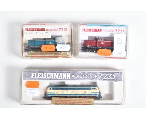 THREE BOXED FLEISCHMANN PICCOLO N GAUGE D.B. DIESEL LOCOMOTIVES, class 210 No.210 004-8 (7233), blue and cream livery, class 