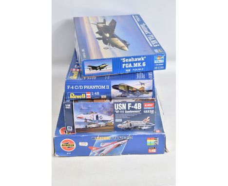 FOUR BOXED  MILITARY AIRCRAFT 1:48 SCALE UNBUILT MODEL KITS, to include a Trumpeter 'Seahawk' FGA.Mk.6, with instructions and