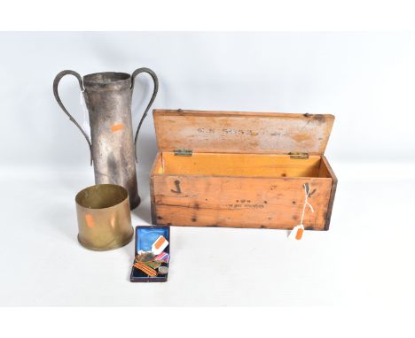 A COLLECTION OF ASSORTED MEDALS, TRENCH ART AND A WOODEN BOX, the medals include a WWI Victory medal named to R-1234 H.E. Wes