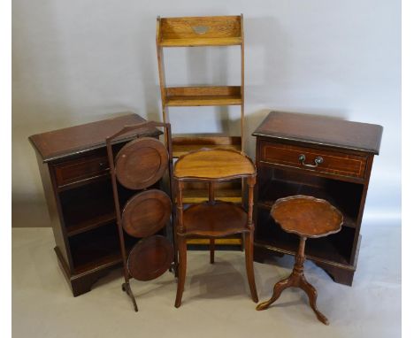 An Oak Narrow Bookcase together with a pair of reproduction mahogany line inlaid side cabinets, a mahogany two tier occasiona