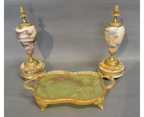 A Pair of Ormolu and Marble Side Urns, each with pineapple finial, 28 cms tall, together with another similar galleried two h
