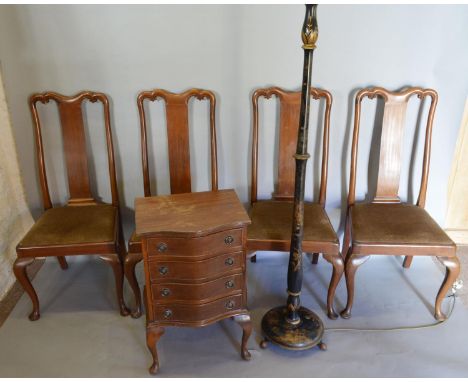A Set of Four Early 20th Century Queen Anne Style Mahogany Dining Chairs together with a Mahogany Serpentine Four Drawer Ches