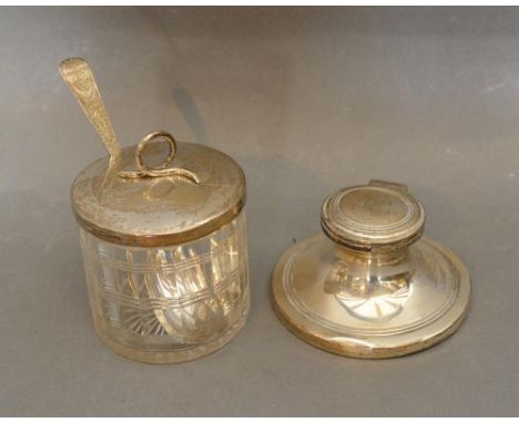 A Chester Silver Capstan Inkwell together with a Birmingham silver and cut glass preserve jar 