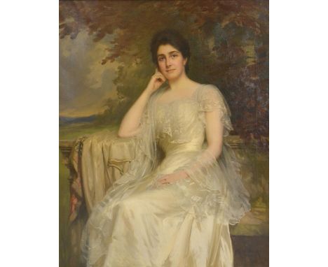 Frank Brooks, 1854 - 1937, England, Portrait of a Lady wearing a White Dress on a Balcony, oil on canvas, signed and dated 19