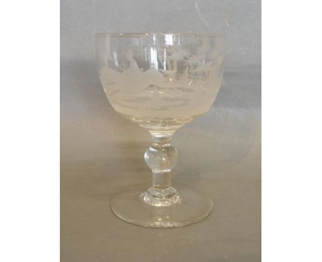 An 18th Century Large Drinking Glass, the bowl engraved with a continuous band depicting a Hunting Scene above a knopped stem