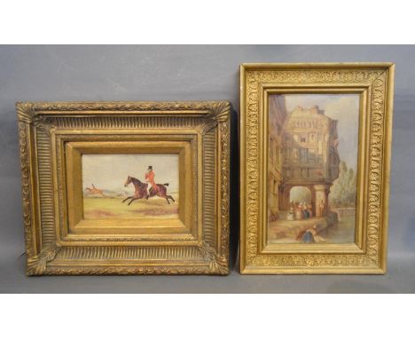 19th Century Continental School, Street Scene with Figures, oil on board, together with a reproduction oil on board Hunting S