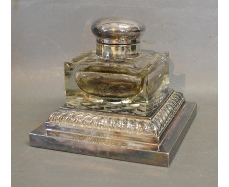 A Silver Plated Presentation Inkwell of Large Square Form 